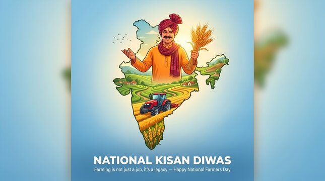 
National Kisan Diwas Poster with Indian Farmer Holding Wheat Crop Inside India Map Outline with Tractor Field - Happy National Farmers Day