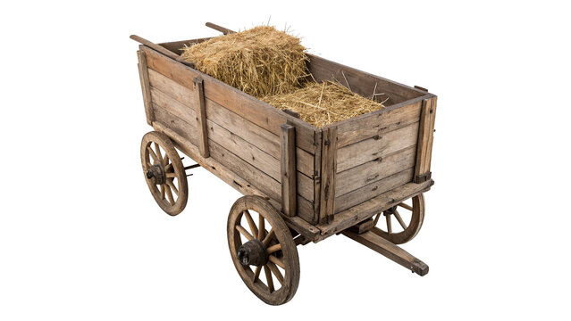 Vintage rustic wooden cart wagon loaded with hay isolated on transparent background