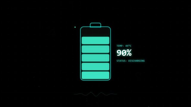 Battery charging status indicator with percentage level and temperature reading on dark background