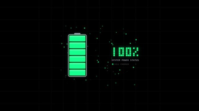 Battery charging status indicator with percentage levels and power grid animation