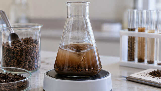 Laboratory soil testing with fertilizer sample stirred by precision equipment