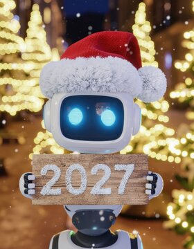  Cute 3D Animated AI Robot Holding 2027 Sign in Magical Christmas background 
