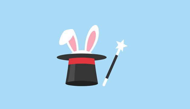 Magician black top hat with white rabbit ears and a magic star wand on a solid light blue background illustration.