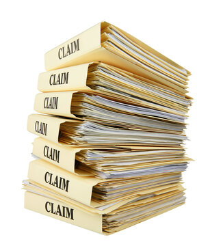 Stack of yellow manila folders with claim labels isolated on transparent background PNG element