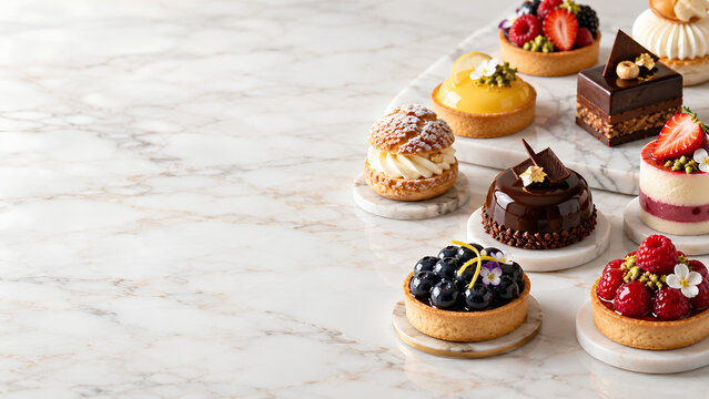 Assorted Luxury Pastries and Mini Desserts with Chocolate Cakes, Fruit Tarts, Berry Sweets and Cream Pastries on White Marble with Copy Space