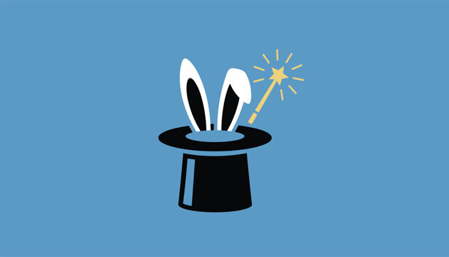 Magic black top hat with long white rabbit ears popping out beside a shining gold magic wand represents theater and illusion.