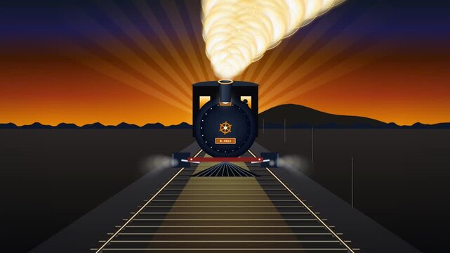 Vintage Steam Locomotive Billowing Thick Smoke at Golden Sunset Vector Loop