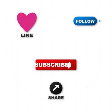 Animated social media button set including like share subscribe and notification bell on white background