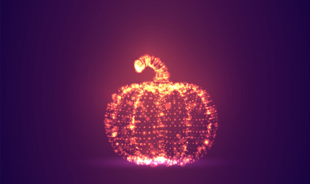 3D object made of dots, bright glow against a purple and magenta background
