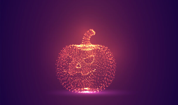 3D object made of dots, bright glow against a purple and magenta background