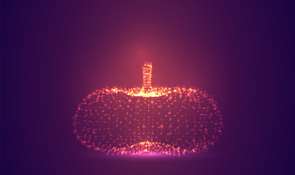 3D object made of dots, bright glow against a purple and magenta background