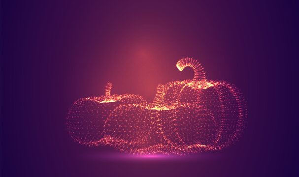 3D object made of dots, bright glow against a purple and magenta background