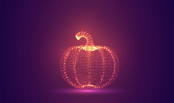 3D object made of dots, bright glow against a purple and magenta background