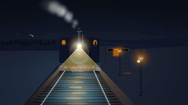 Vintage Steam Locomotive Stopped at Misty Rural Station Night Vector Animation Loop