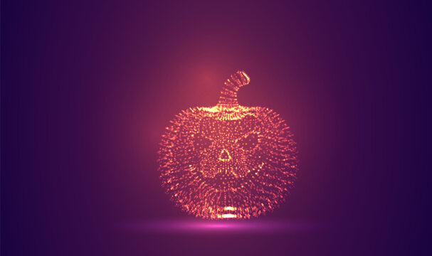 3D object made of dots, bright glow against a purple and magenta background