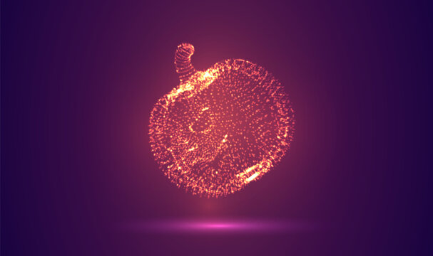 3D object made of dots, bright glow against a purple and magenta background