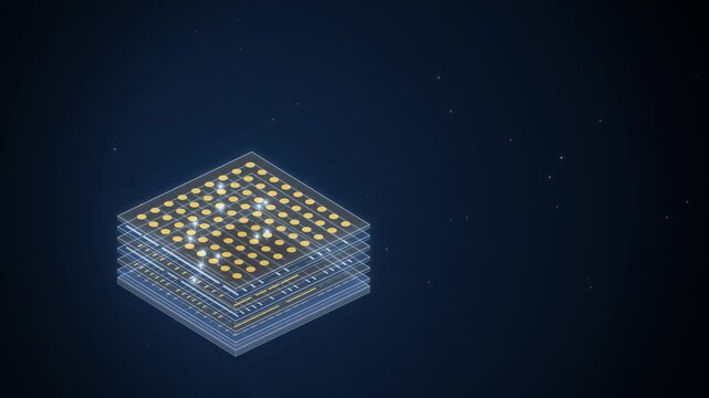 Exploded microchip layers stacking up with gold pads on dark blue