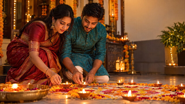 Young Indian couple arranging diyas beside a Diwali rangoli at home