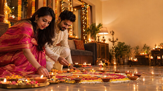 Young Indian couple making a rangoli for Diwali at home