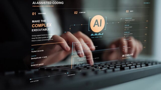 Natural language requirements guide code generation for ticket processing, while regression checks and human review help evaluate the proposed implementation.