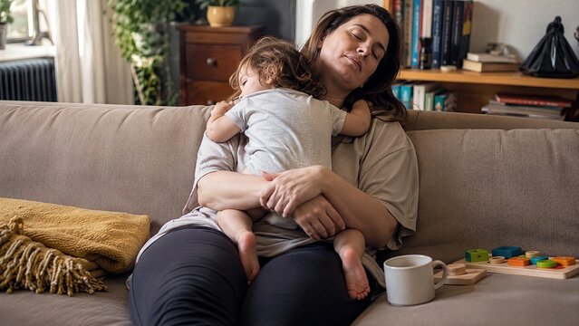 Tired mother trying to rest while her toddler clings to her, showing interrupted recovery, constant physical contact and the emotional demands of early motherhood.