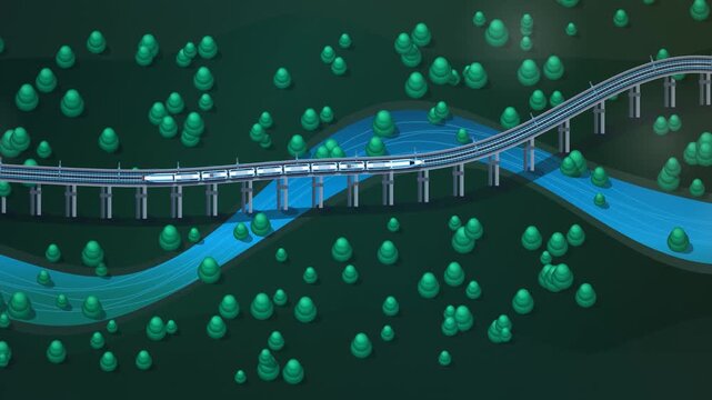 High Speed Bullet Train Aerial Tracking Scenic Mountain Valley Vector Animation Loop