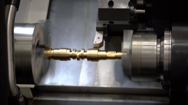 Automated cnc lathe machine cutting metal part for industrial manufacturing process.