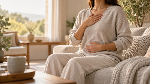 Nervous system regulation at home with calm breathing and gentle hand on chest and belly, woman sitting on sofa