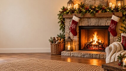 Fototapeta premium Cozy Stone Fireplace with Red Stockings and Evergreen Christmas Garland