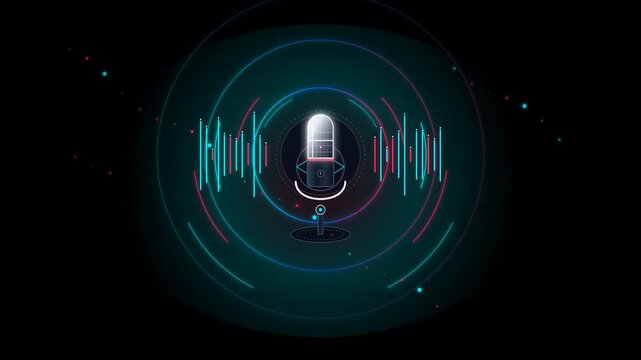 Futuristic Voice Assistant Icon with Glowing Audio Soundwaves and Microphone, AI Speech Recognition Concept Background