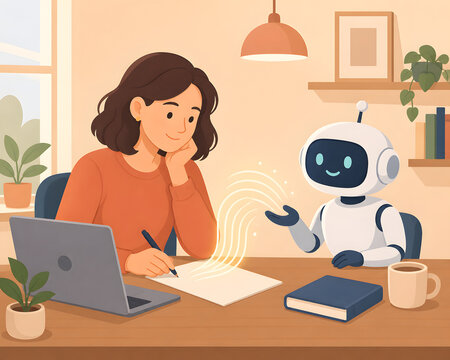 Woman writing with a robot assistant beside a laptop