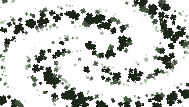 Abstract background, with scattered green, clover shapes and, small white dots, on a solid, black backdrop for, digital compositions isolated on a transparent background