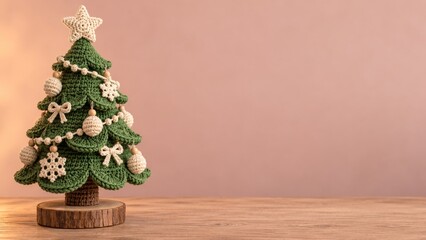 Fototapeta premium Crocheted Christmas Tree with Cream Ornaments on a Wooden Base
