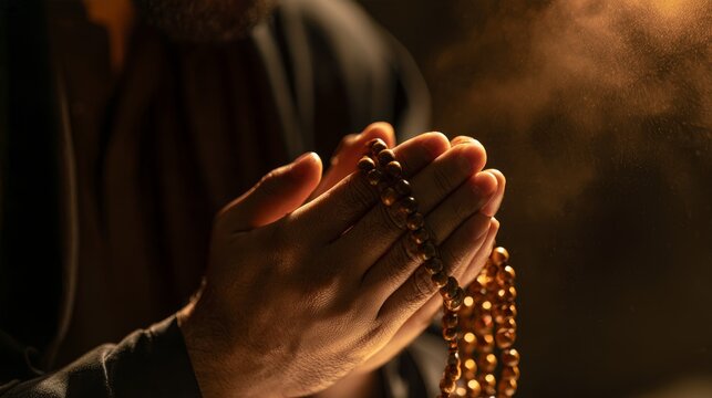 Prayer Salah or Namaz. Praying Hands with wooden rosary. Concept of Muslim religion. 
