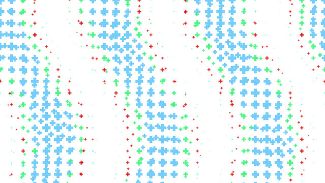 Abstract background, with small blue, green, and red, cross shapes arranged, in vertical wavy, lines against a, dark black backdrop, for digital isolated on a transparent background