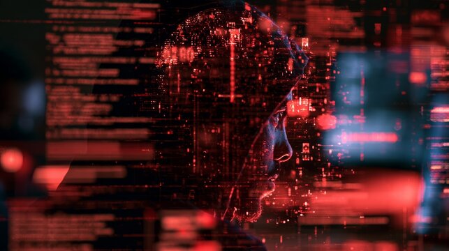 Artificial intelligence used for cyber attacks, showing AI as threat with malware code, alerts and digital interface over a hacker silhouette