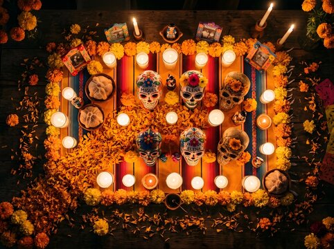 Top view of Day of the Dead ofrenda with candles, sugar skulls, pan de muerto and marigold flowers on colorful serape