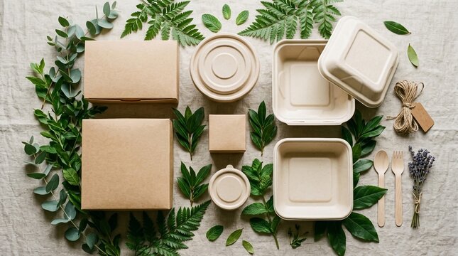 Eco friendly food packaging containers with green leaves on linen