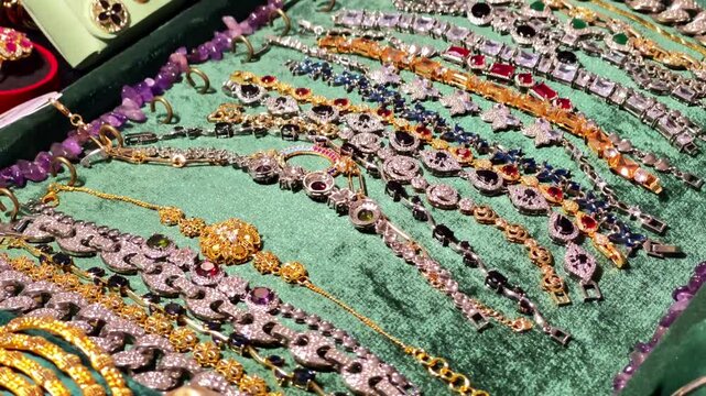 Luxury Diamond and Gemstone Bracelets Collection Display on Green Velvet