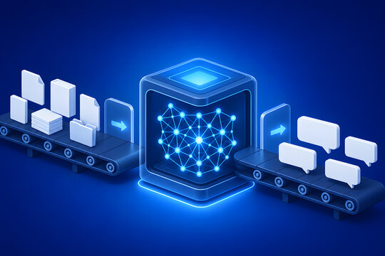 Documents moving through an AI cube into chat answers