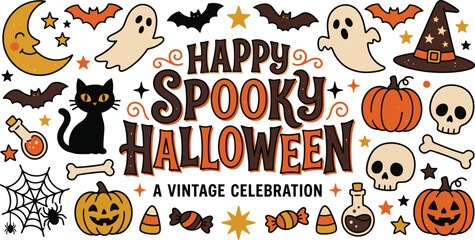 Fototapeta premium Happy Halloween Spooky Vintage Greeting Card With Ghost Pumpkin Bat Illustrations