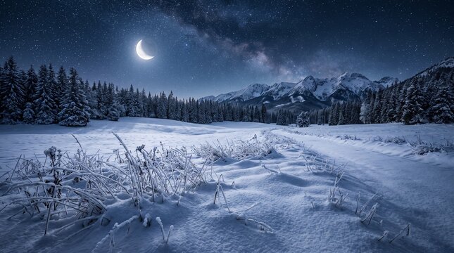 A serene winter landscape under a starry night sky with a crescent moon