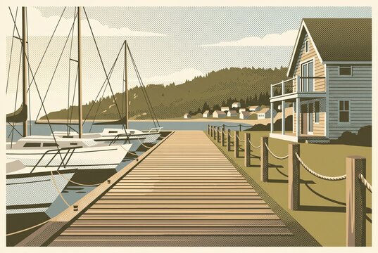 Sailboats moored at wooden pier by coastal house