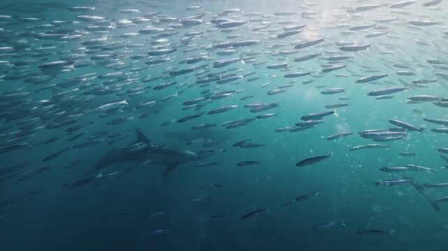 A massive swirling bait ball of sardines moves through the deep blue waters of South Africa, forming a dense shimmering cloud of silver fish that twist and flow together in a mesmerizing underwater