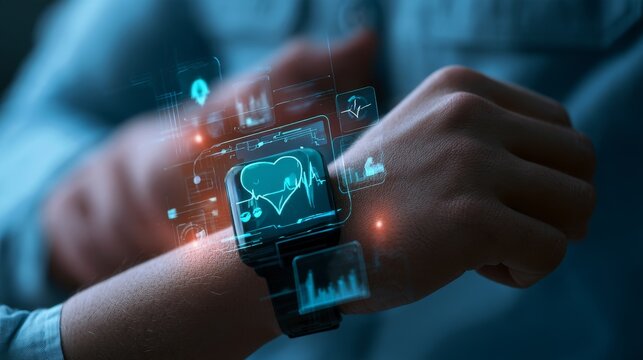 Concept of The technology to check health with smart watch. Futuristic smart watch technology male looking at watch checking health. holographic icon user interface.