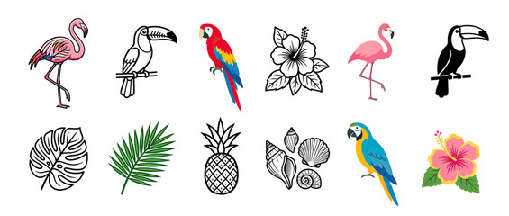 Fototapeta premium Tropical Elements Collection: Flamingos, Parrots, Toucans, Hibiscus