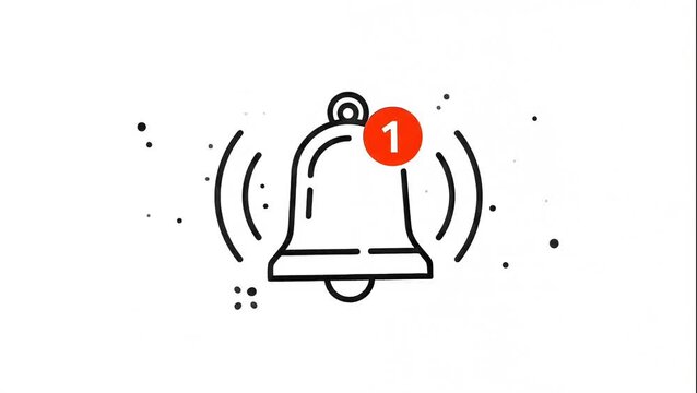 Ringing line art notification bell animation with red number 1 badge and sound waves. Outline bell motion graphic for mobile app UI, alert notice, and social media.