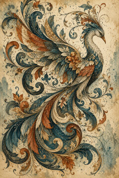 Ornate Mythical Phoenix Bird with Floral Feathers in Vintage Folk Art Style