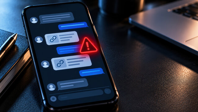 Social media account hijacking warning on smartphone screen near laptop in dark office