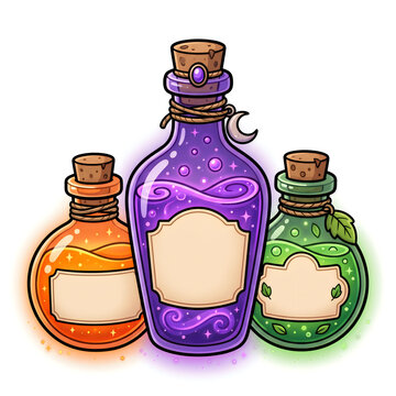 Magic potion glass bottles in purple orange and green colors for fantasy theme.